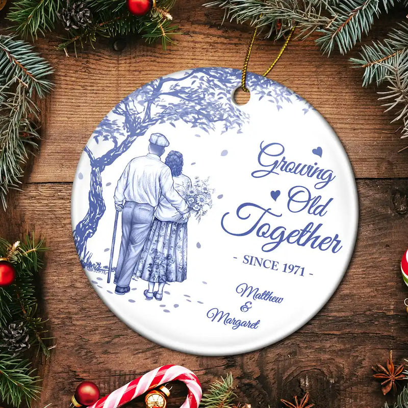 Old Couples,Gift For Women,Gift For Men,Gift For Husband,Gift For Wife,Christmas,Love - Growing Old Together Since Old Couple Toile - Personalized Circle Ceramic Ornament