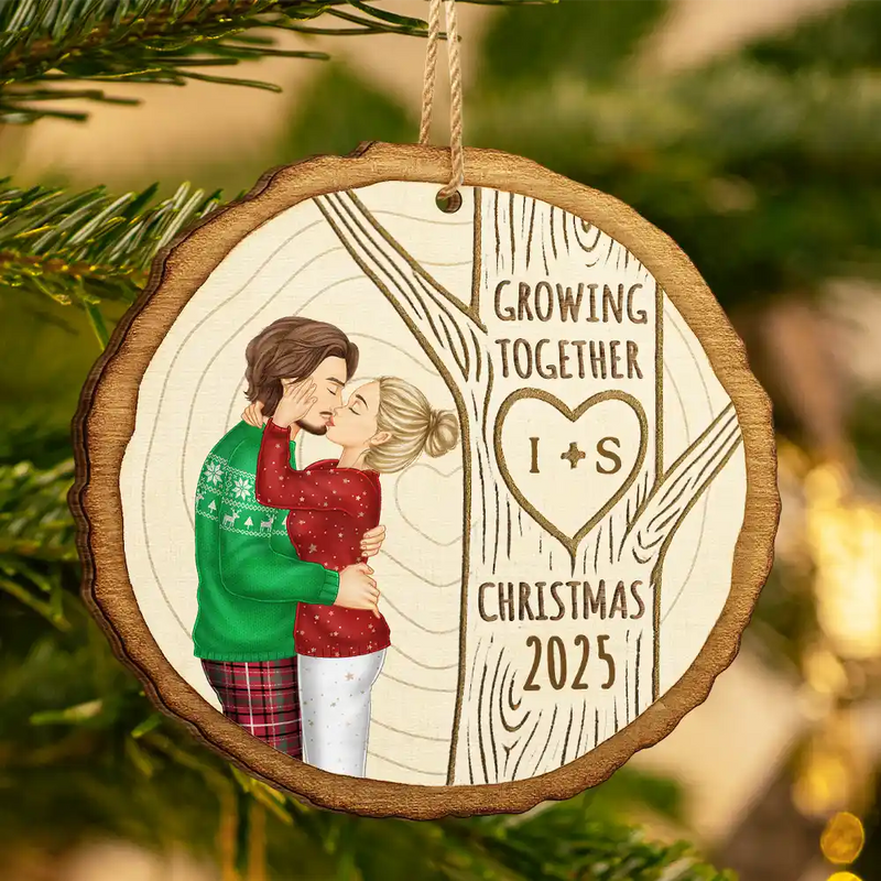 Christmas,Gift For Couples,Gift For Husband,Gift For Wife,Gift For Boyfriend,Gift For Girlfriend,Happy - Growing Together Couple Under The Tree - Personalized Custom Shaped Wooden Ornament
