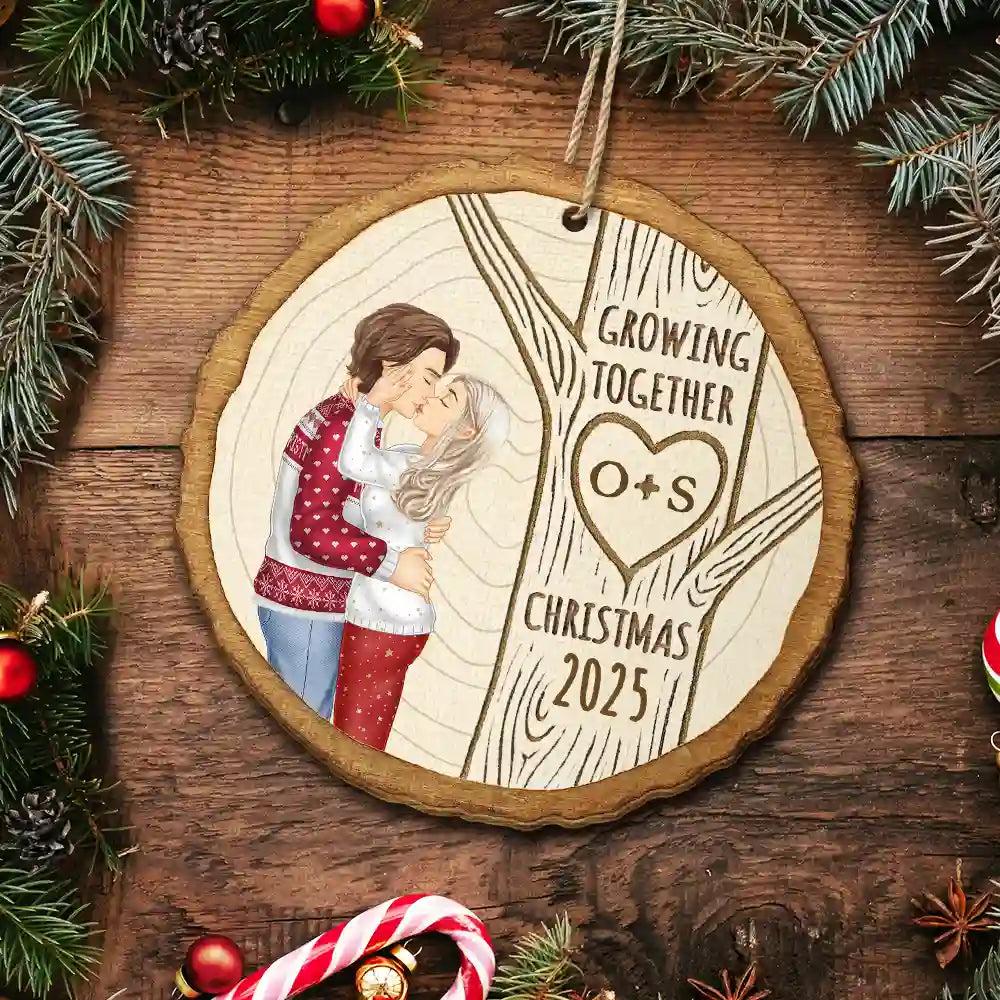 Christmas,Gift For Couples,Gift For Husband,Gift For Wife,Gift For Boyfriend,Gift For Girlfriend,Happy - Growing Together Couple Under The Tree - Personalized Custom Shaped Wooden Ornament
