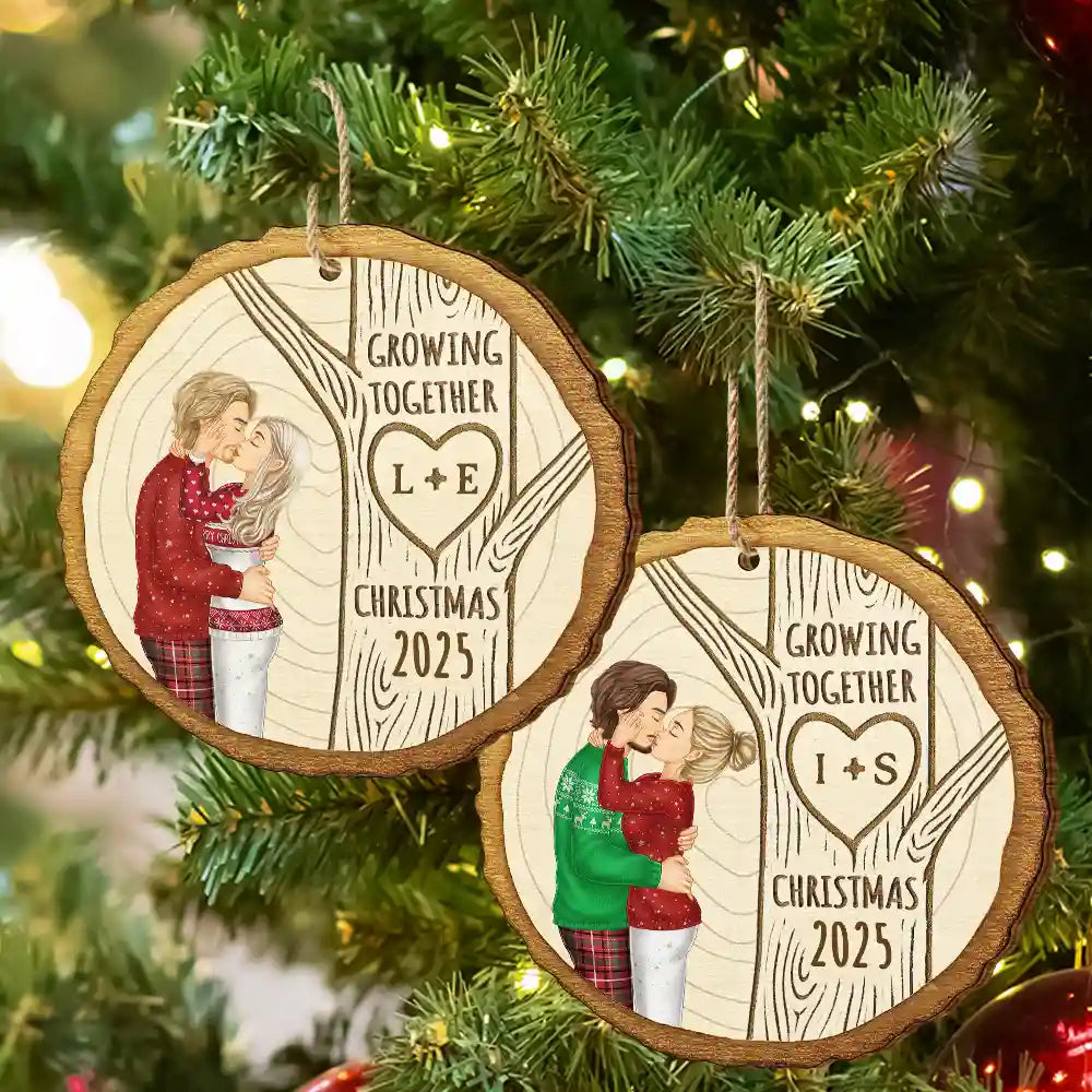Christmas,Gift For Couples,Gift For Husband,Gift For Wife,Gift For Boyfriend,Gift For Girlfriend,Happy - Growing Together Couple Under The Tree - Personalized Custom Shaped Wooden Ornament