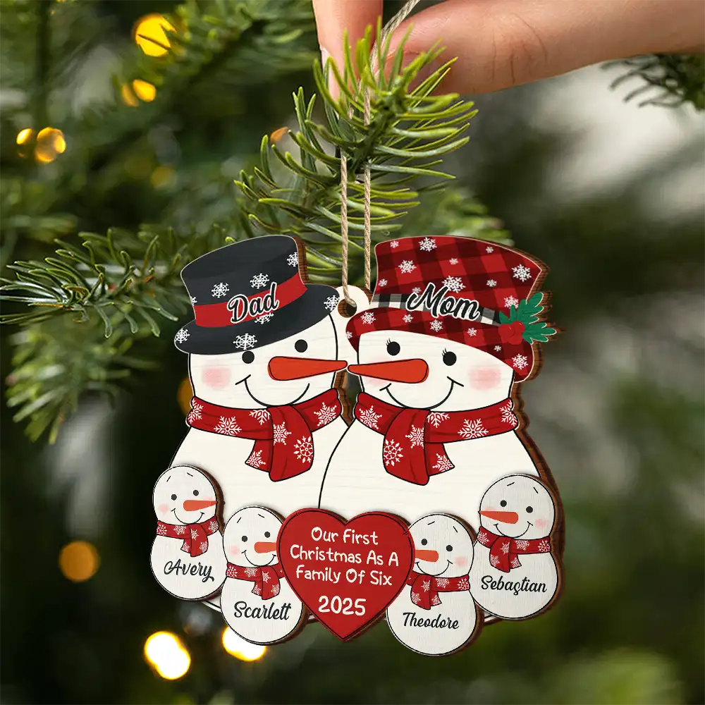 Happy,New Dad,New baby,New Mom,Parents,Christmas - First Christmas As A Family Of Three New Parents Snowman - Personalized 2-Layered Wooden Ornament