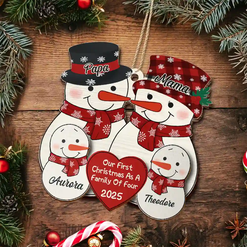 Happy,New Dad,New baby,New Mom,Parents,Christmas - First Christmas As A Family Of Three New Parents Snowman - Personalized 2-Layered Wooden Ornament
