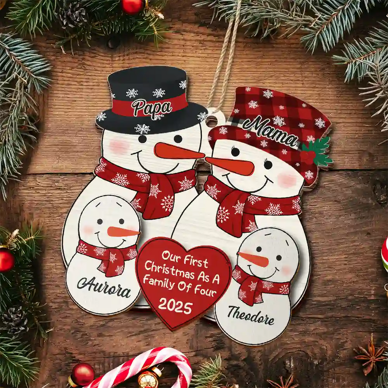 Happy,New Dad,New baby,New Mom,Parents,Christmas - First Christmas As A Family Of Three New Parents Snowman - Personalized 2-Layered Wooden Ornament