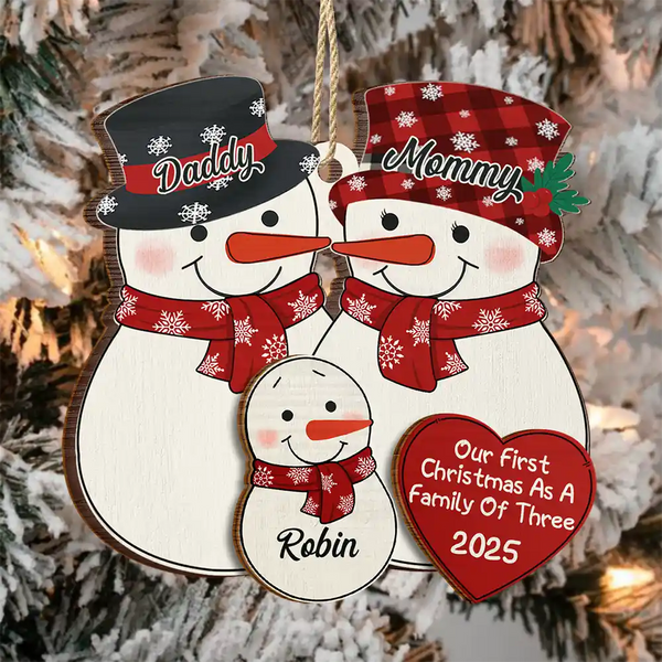 Happy,New Dad,New baby,New Mom,Parents,Christmas - First Christmas As A Family Of Three New Parents Snowman - Personalized 2-Layered Wooden Ornament