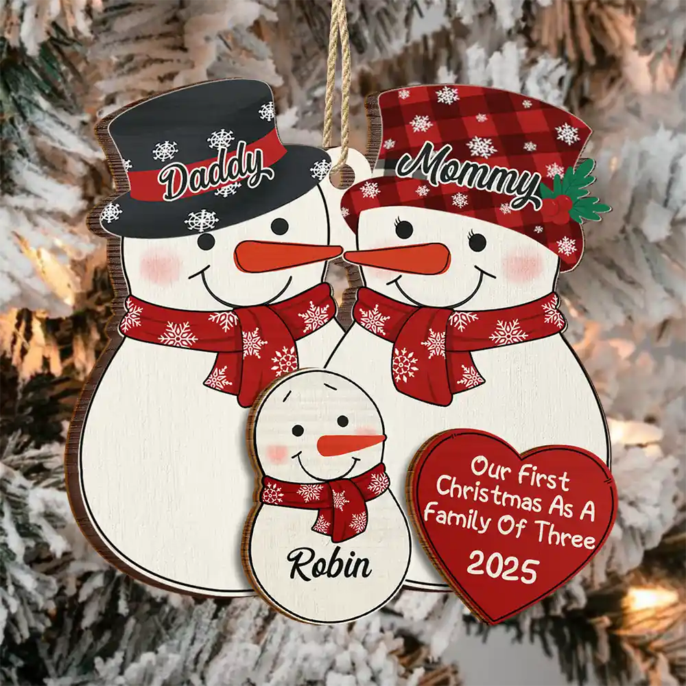 Happy,New Dad,New baby,New Mom,Parents,Christmas - First Christmas As A Family Of Three New Parents Snowman - Personalized 2-Layered Wooden Ornament