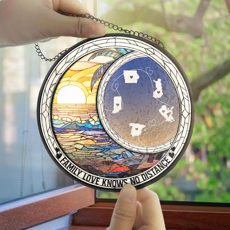 Family,Long Distance,Love - Family Love Knows No Distance - Personalized Stained Glass Window Hanging Suncatcher