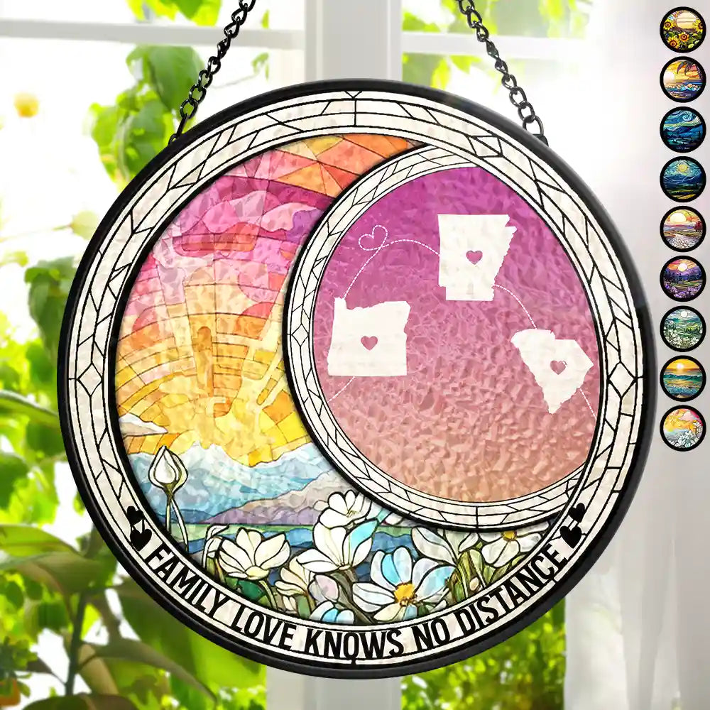 Family,Long Distance,Love - Family Love Knows No Distance - Personalized Stained Glass Window Hanging Suncatcher