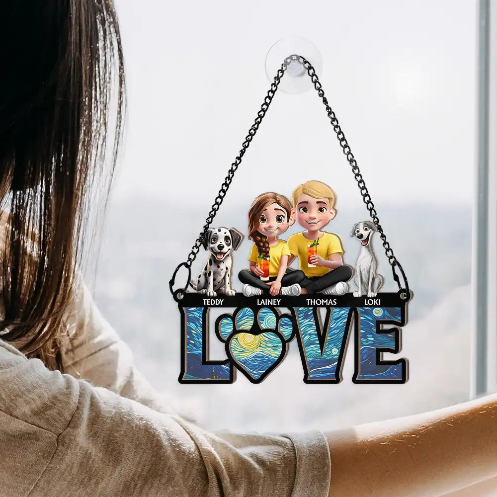 Gift For Couples,Gift For Husband,Gift For Wife,Gift For Boyfriend,Gift For Girlfriend,LGBT,Pet Lovers,Pet Couple,Dog Lovers,Dog Couple,Cat Lovers,Cat Couple,Love - Love Is A Four Legged Word With Dogs Cats - Personalized Window Hanging Suncatcher Ornament