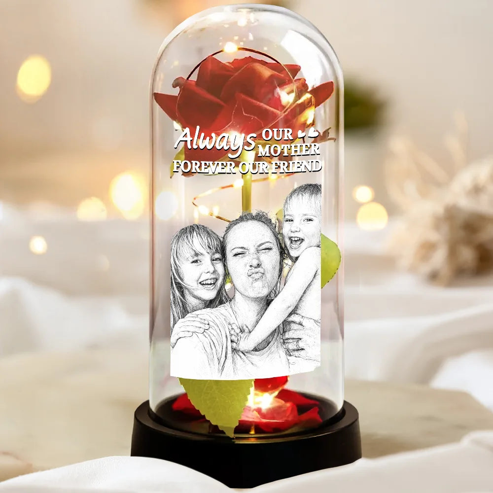 Family,Custom Photo,Gift For Mother,Gift For Father,Mom - Daughters (Adult),Mom - Daughters (Young),Mom - Sons,Mom - Children,Love - Custom Photo Pencil Sketch Art The Love Between Mother & Daughter Is Forever - Personalized Everlasting Rose Dome Lamp