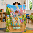 Adorable, Back To School, Custom Photo, Gift For Kids, Cut-Face Photo - Custom Photo Cute Kid Riding Dinosaur Flamingo Unicorn - Personalized Fleece Blanket, Sherpa Blanket