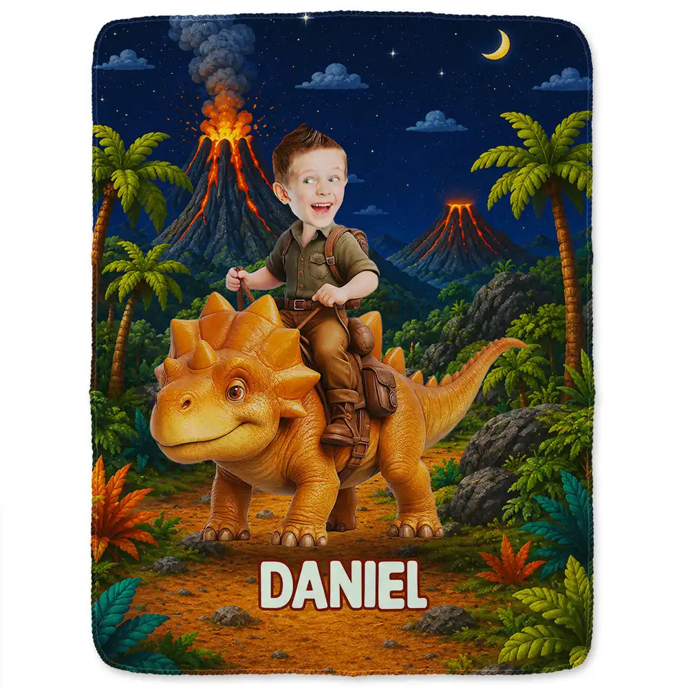 Adorable, Back To School, Custom Photo, Gift For Kids, Cut-Face Photo - Custom Photo Cute Kid Riding Dinosaur Flamingo Unicorn - Personalized Fleece Blanket, Sherpa Blanket