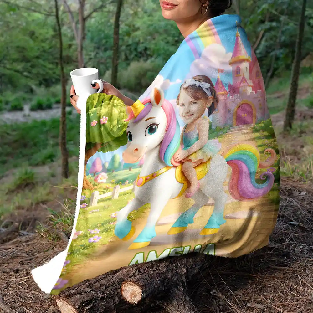 Adorable, Back To School, Custom Photo, Gift For Kids, Cut-Face Photo - Custom Photo Cute Kid Riding Dinosaur Flamingo Unicorn - Personalized Fleece Blanket, Sherpa Blanket