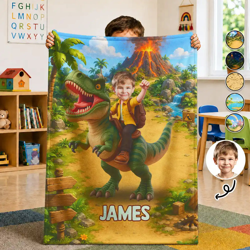 Adorable, Back To School, Custom Photo, Gift For Kids, Cut-Face Photo - Custom Photo Cute Kid Riding Dinosaur Flamingo Unicorn - Personalized Fleece Blanket, Sherpa Blanket
