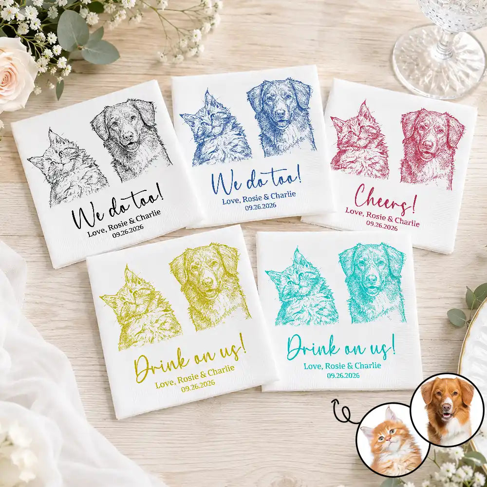 Custom Photo Bold Sketch Dog Cat Pet Couples Wedding Engaged Bachelor Bachelorette Party - Personalized Cocktail Napkins