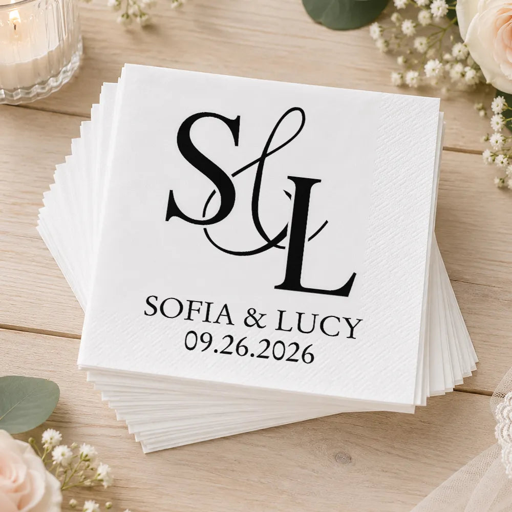 Romantic, Gift For Couples, Wedding, Custom Text - Couples Initials Wedding Engaged Bachelor Bachelorette Party - Personalized Cocktail Napkins
