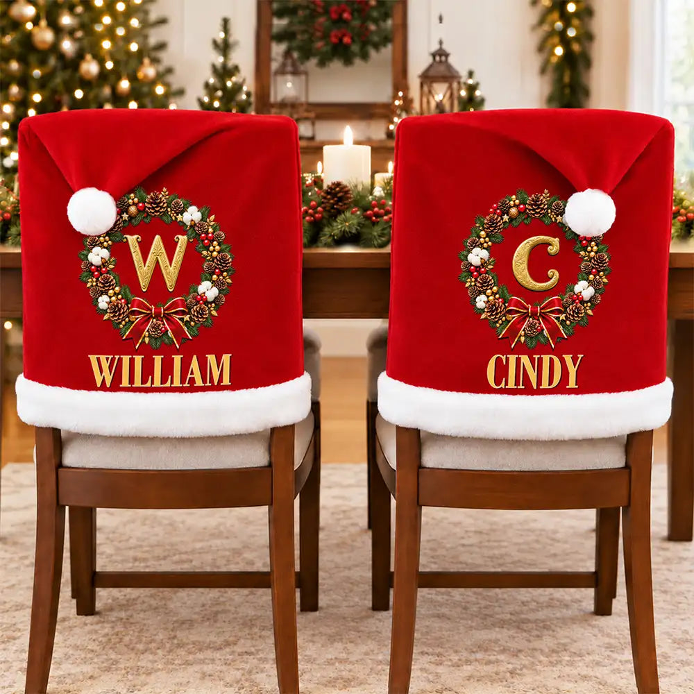 Christmas,Family,Happy,Monogram - Christmas Table Decor Gift For Family - Personalized Monogram Gold Initial In Holly Wreath Chair Cover