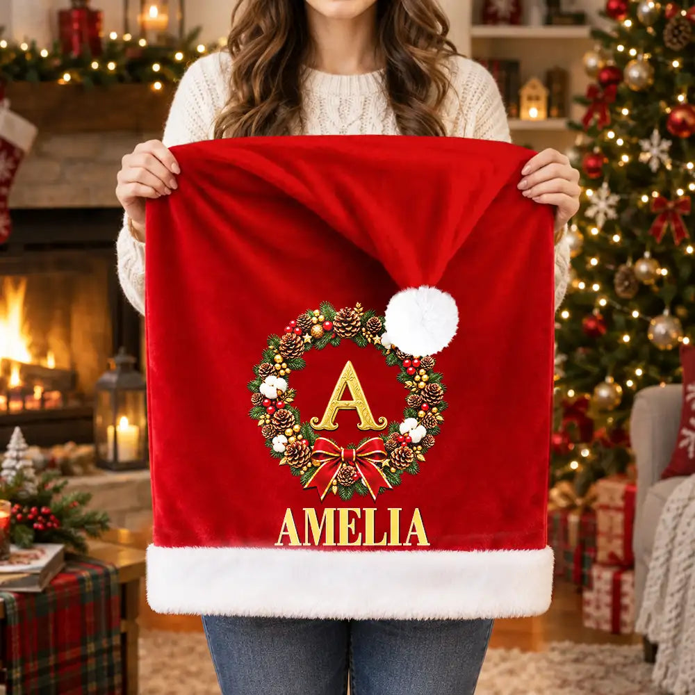Christmas,Family,Happy,Monogram - Christmas Table Decor Gift For Family - Personalized Monogram Gold Initial In Holly Wreath Chair Cover