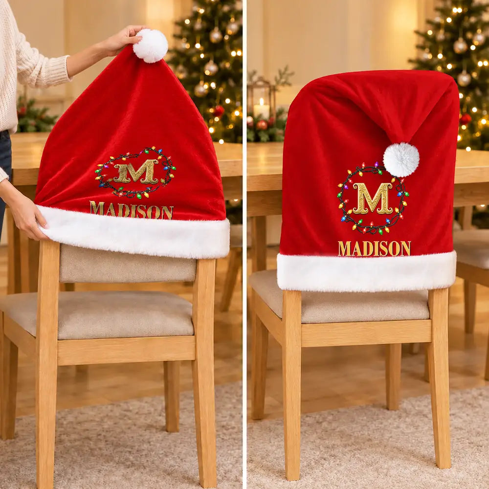Christmas,Family,Happy,Monogram - Christmas Table Decor Gift For Family - Personalized Monogram Gold Initial In Holly Wreath Chair Cover