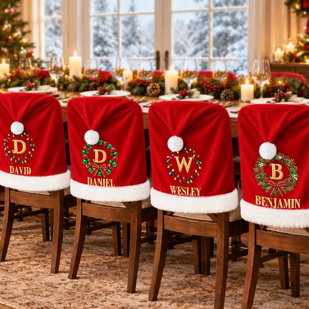 Christmas,Family,Happy,Monogram - Christmas Table Decor Gift For Family - Personalized Monogram Gold Initial In Holly Wreath Chair Cover