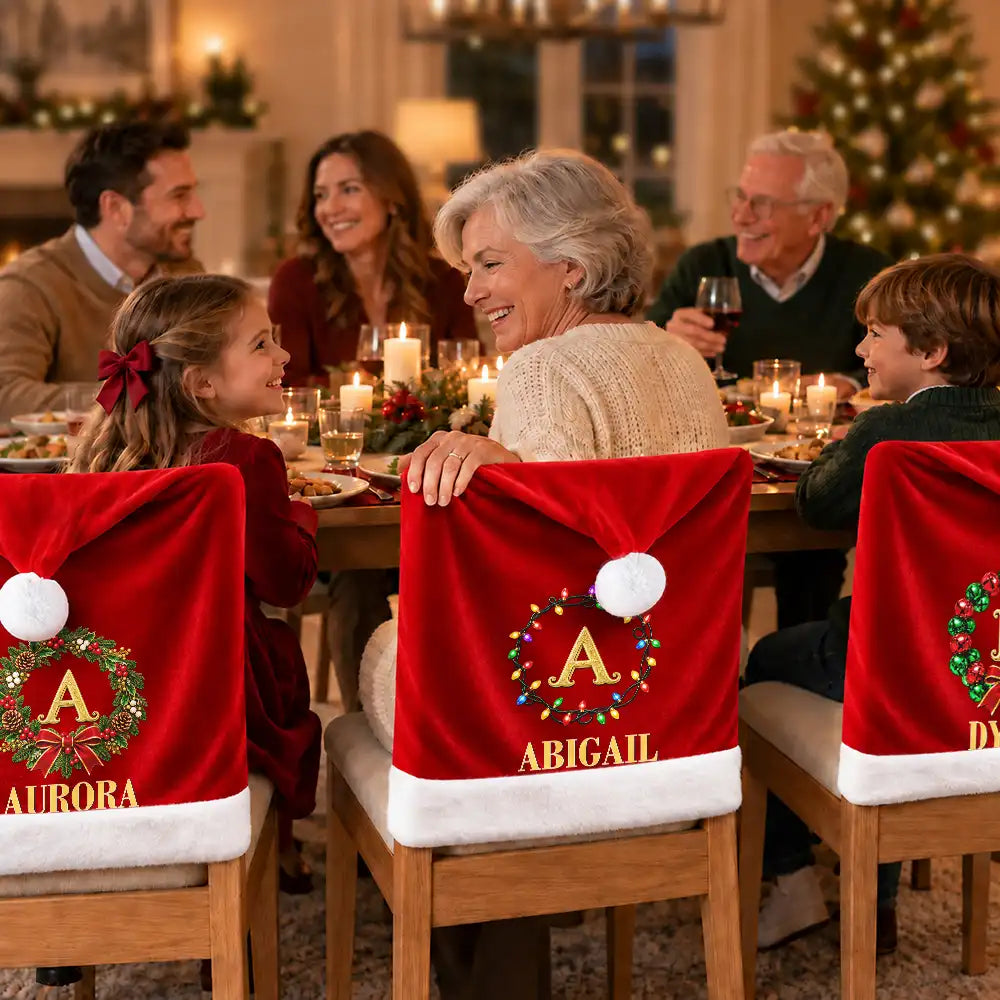 Christmas,Family,Happy,Monogram - Christmas Table Decor Gift For Family - Personalized Monogram Gold Initial In Holly Wreath Chair Cover