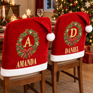 Christmas,Family,Happy,Monogram - Christmas Table Decor Gift For Family - Personalized Monogram Gold Initial In Holly Wreath Chair Cover
