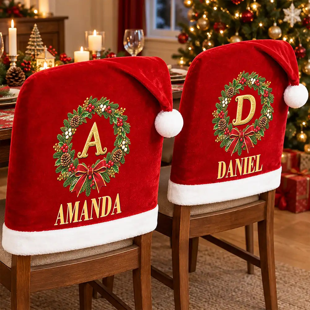 Christmas,Family,Happy,Monogram - Christmas Table Decor Gift For Family - Personalized Monogram Gold Initial In Holly Wreath Chair Cover