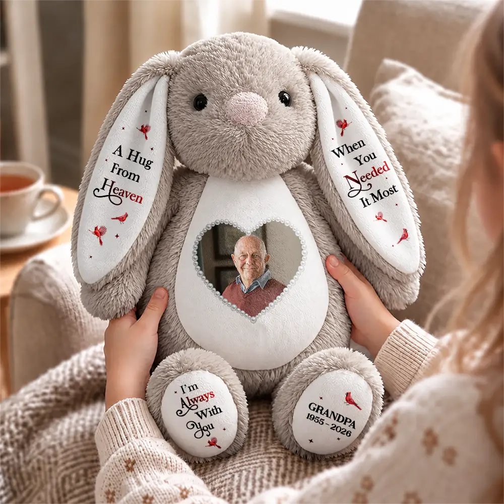 Christmas, Custom Photo, Gift For Kids, Healing, Memorial, Top Market, Upload Full Photo - Memorial Gift For Kids Grandkids - Personalized Custom Photo Name And Years Hug From Heaven Soft Toy Bunny