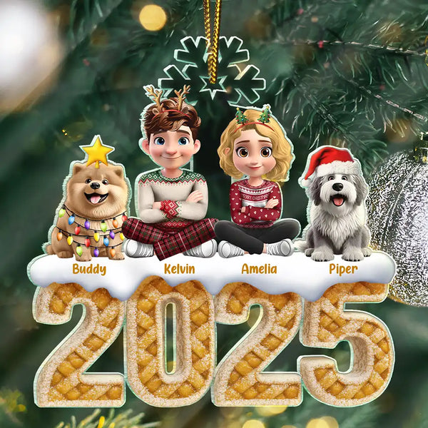 Family,Pet Lovers,Happy,Christmas - Christmas Apple Pie Couple With Pets 3D Effect - Personalized Custom Shaped Acrylic Ornament