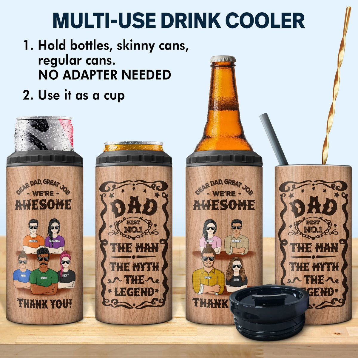 Best Dad The Man The Myth The Legend - Birthday, Loving Gift For Daddy, Father, Grandpa, Grandfather, Daughters, Sons - Personalized Custom 4 In 1 Can Cooler Tumbler