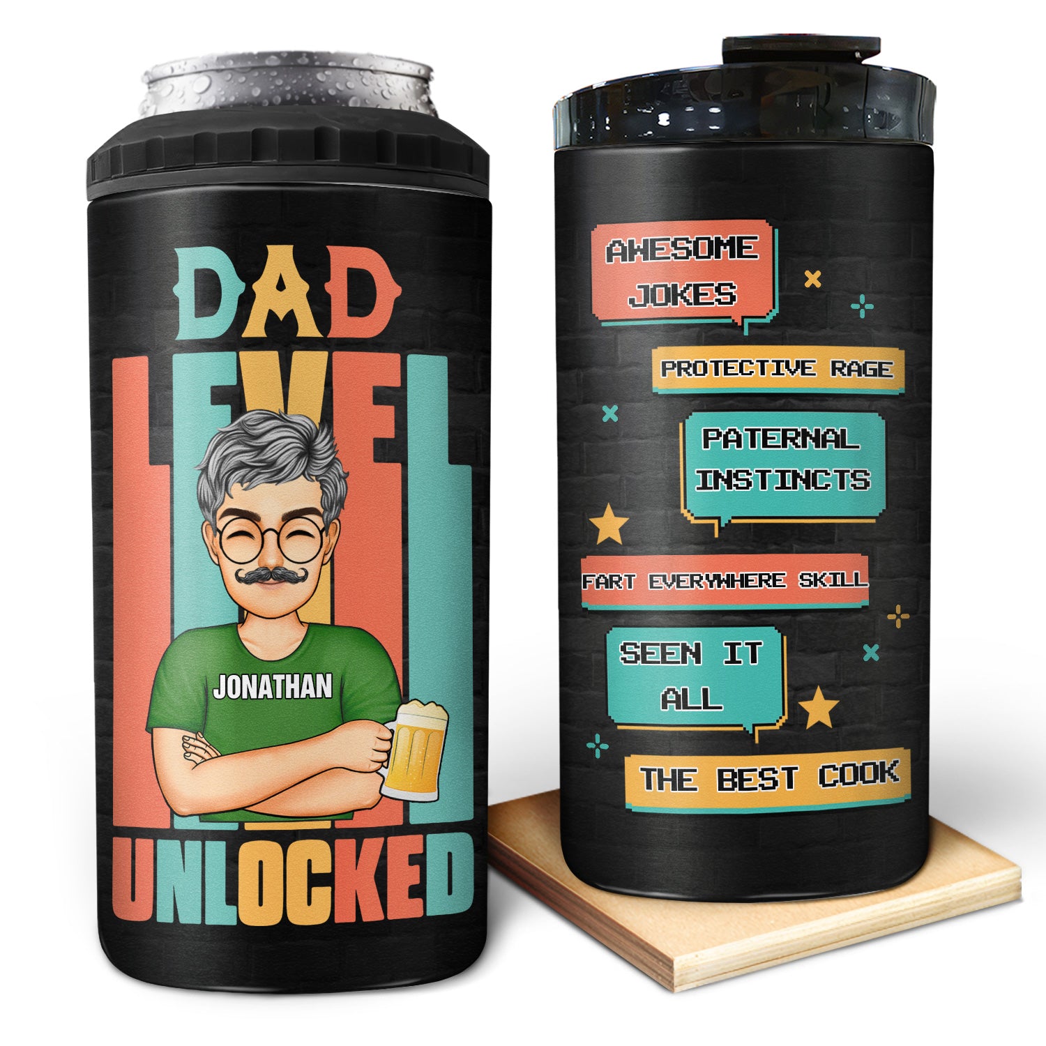 Dad Level Unlocked Skills - Gift For Dad, Grandpa - Personalized Custom 4 In 1 Can Cooler Tumbler