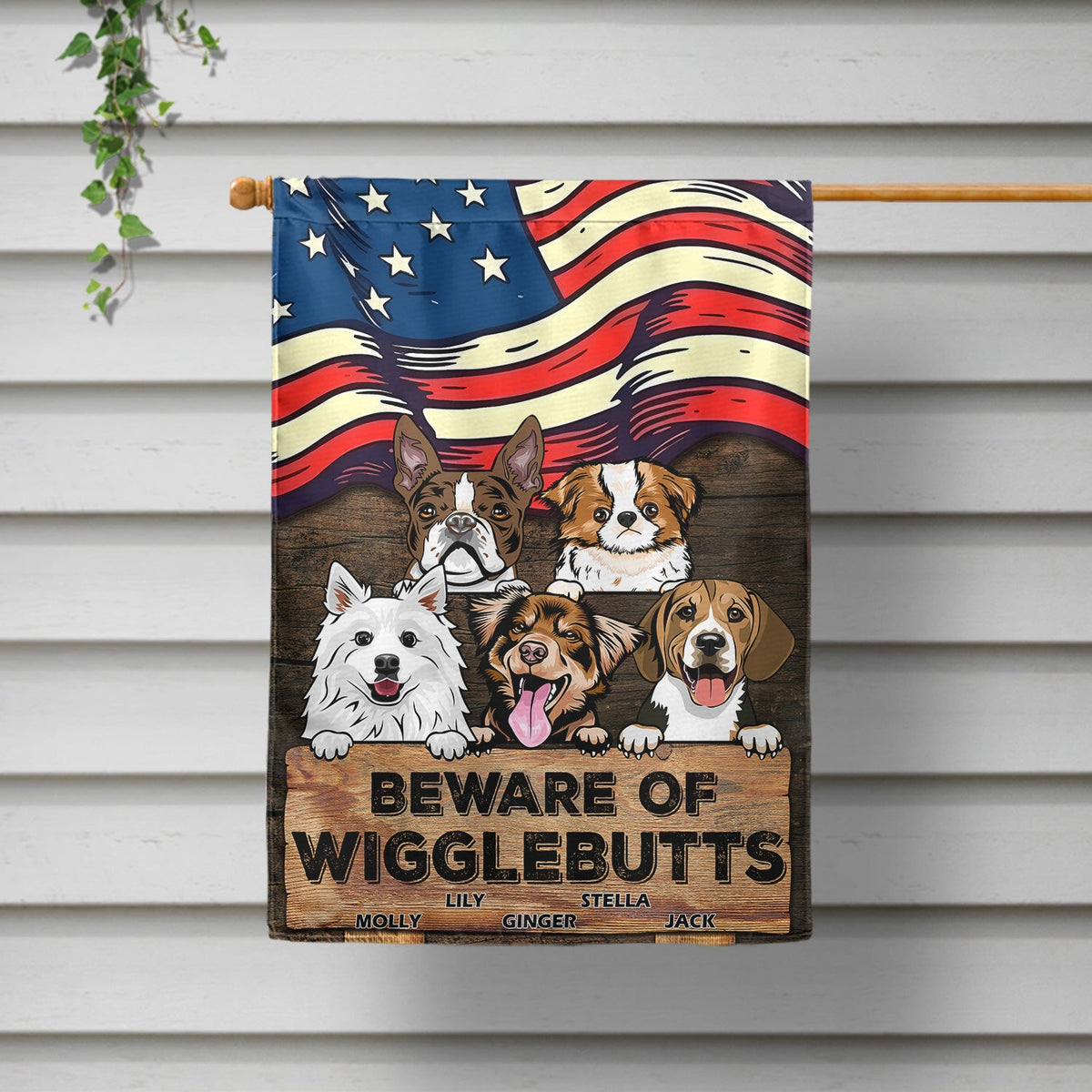 Attention aux étoiles et rayures Wigglebutt ! Cadeau pour les amoureux des chiens ! Drapeau personnalisé