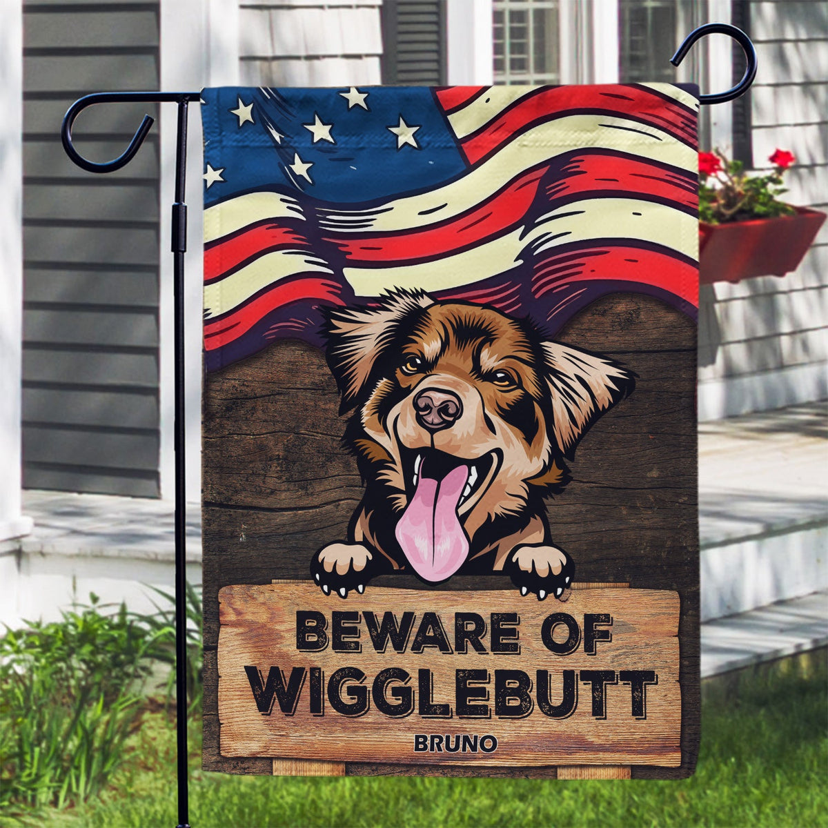 Attention aux étoiles et rayures Wigglebutt ! Cadeau pour les amoureux des chiens ! Drapeau personnalisé