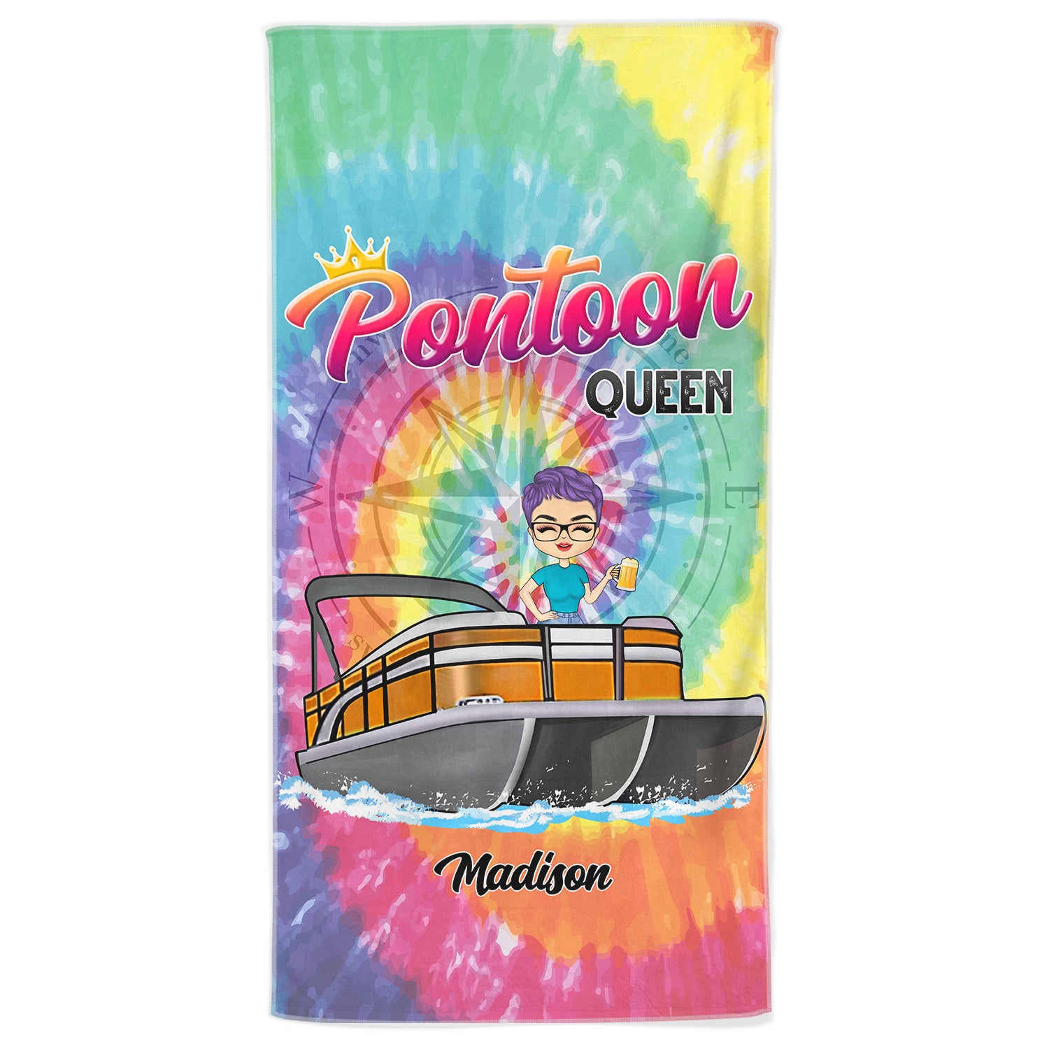Tie Dye Pontoon Queen - Gift For Pontoon Owner - Personalized Custom Beach Towel