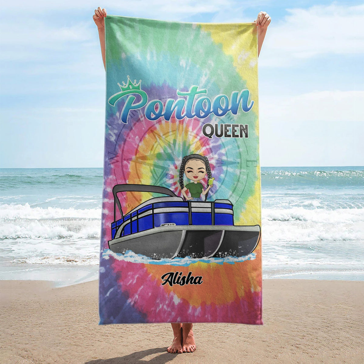 Tie Dye Pontoon Queen - Gift For Pontoon Owner - Personalized Custom Beach Towel