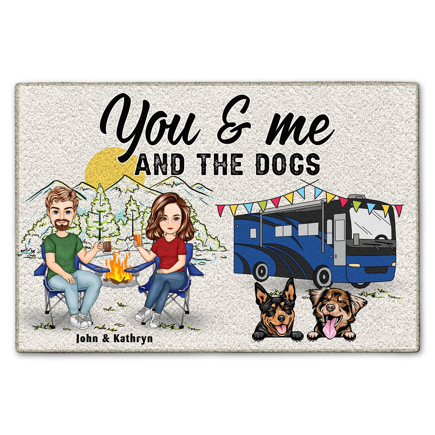Home Is Where We Park It You Me And The Dogs Cartoon - Gift For Camping Couples - Personalized Doormat