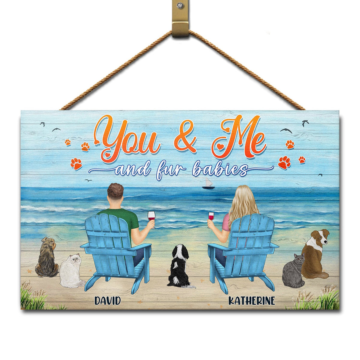 Toi, moi et les chiens, vue sur la plage de la paix - Cadeau pour les amoureux des animaux - Panneau rectangulaire en bois personnalisé
