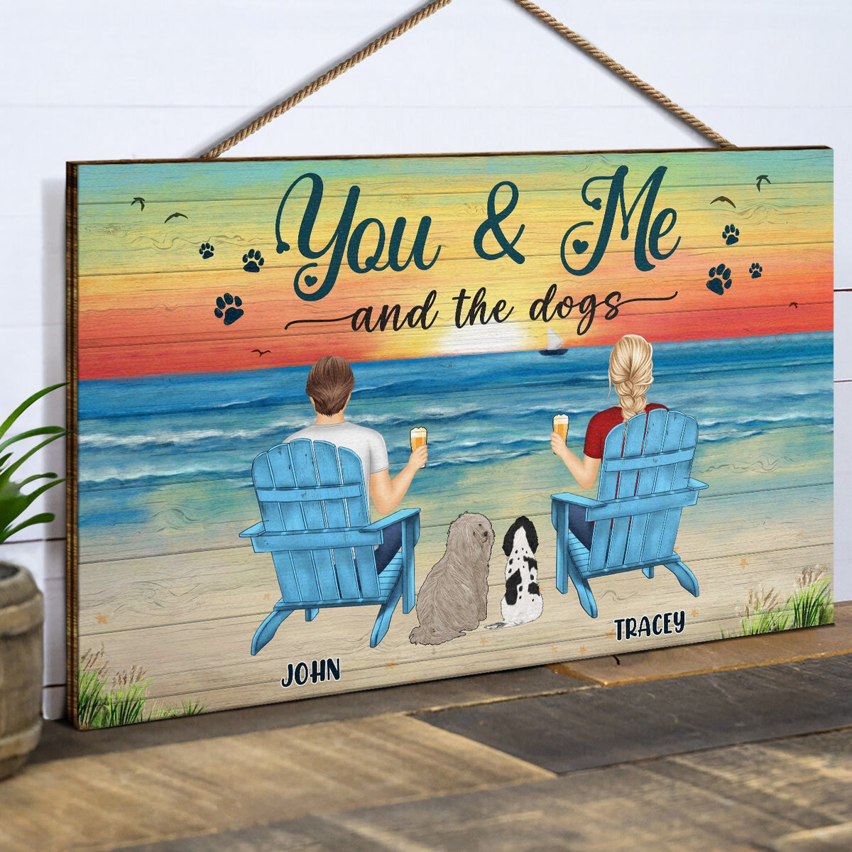 Toi, moi et les chiens, vue sur la plage de la paix - Cadeau pour les amoureux des animaux - Panneau rectangulaire en bois personnalisé