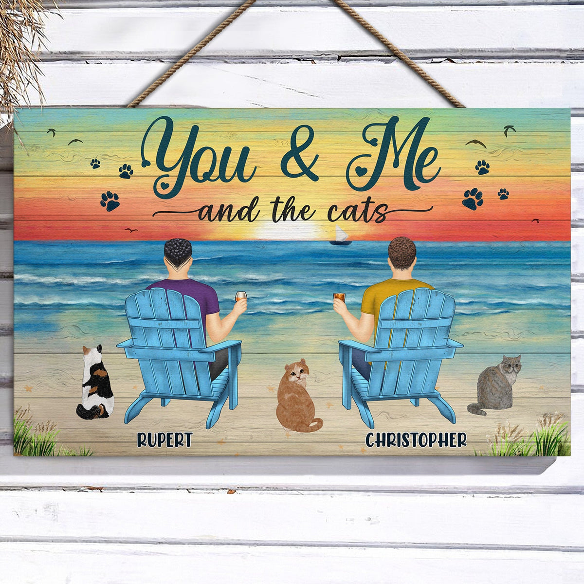 Toi, moi et les chiens, vue sur la plage de la paix - Cadeau pour les amoureux des animaux - Panneau rectangulaire en bois personnalisé