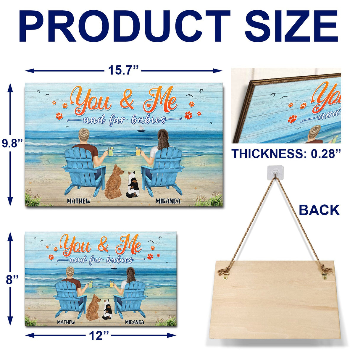 Toi, moi et les chiens, vue sur la plage de la paix - Cadeau pour les amoureux des animaux - Panneau rectangulaire en bois personnalisé