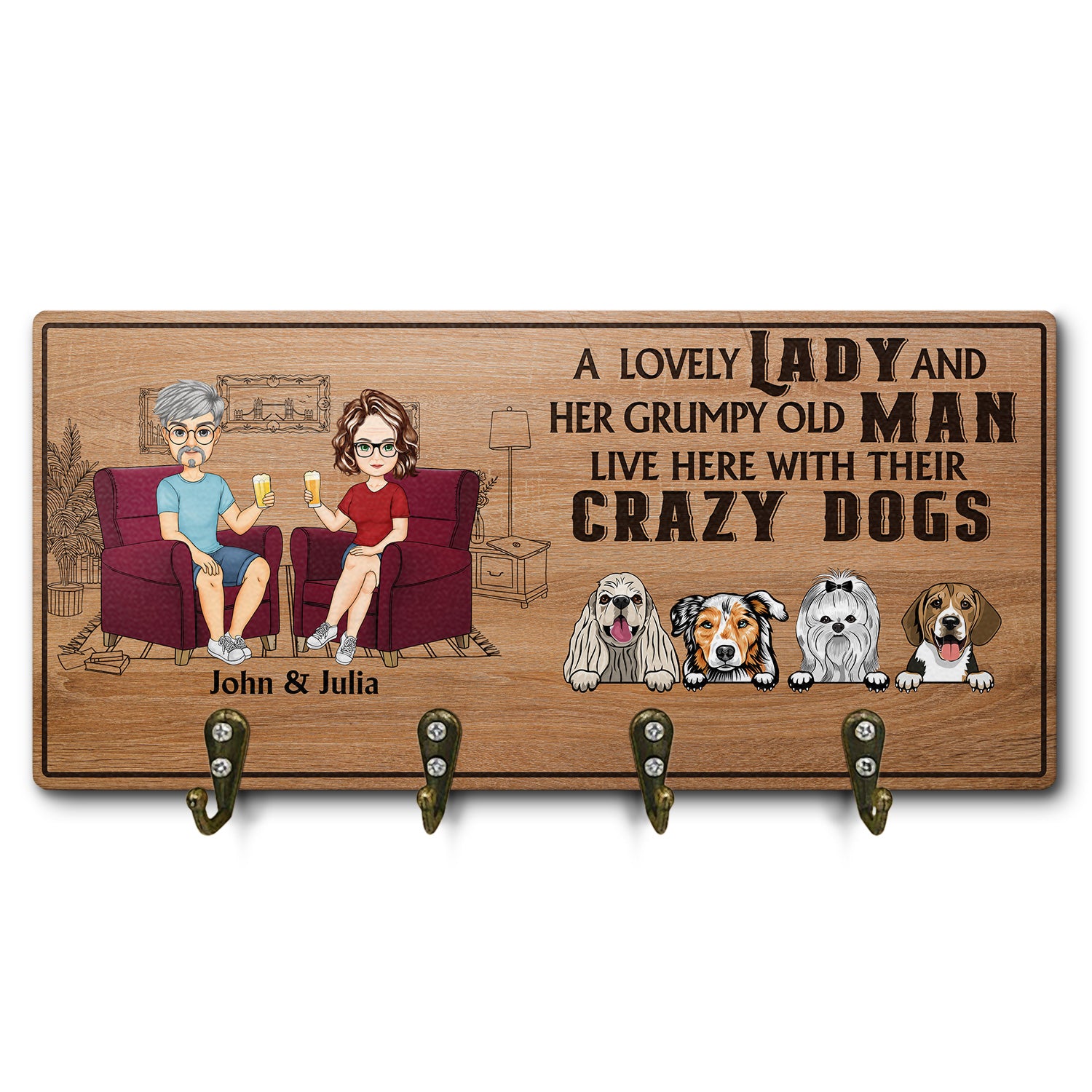 Lovely Lady Grumpy Old Man With Crazy Dogs - Gift For Dog Owners, Couples - Personalized Wood Key Holder