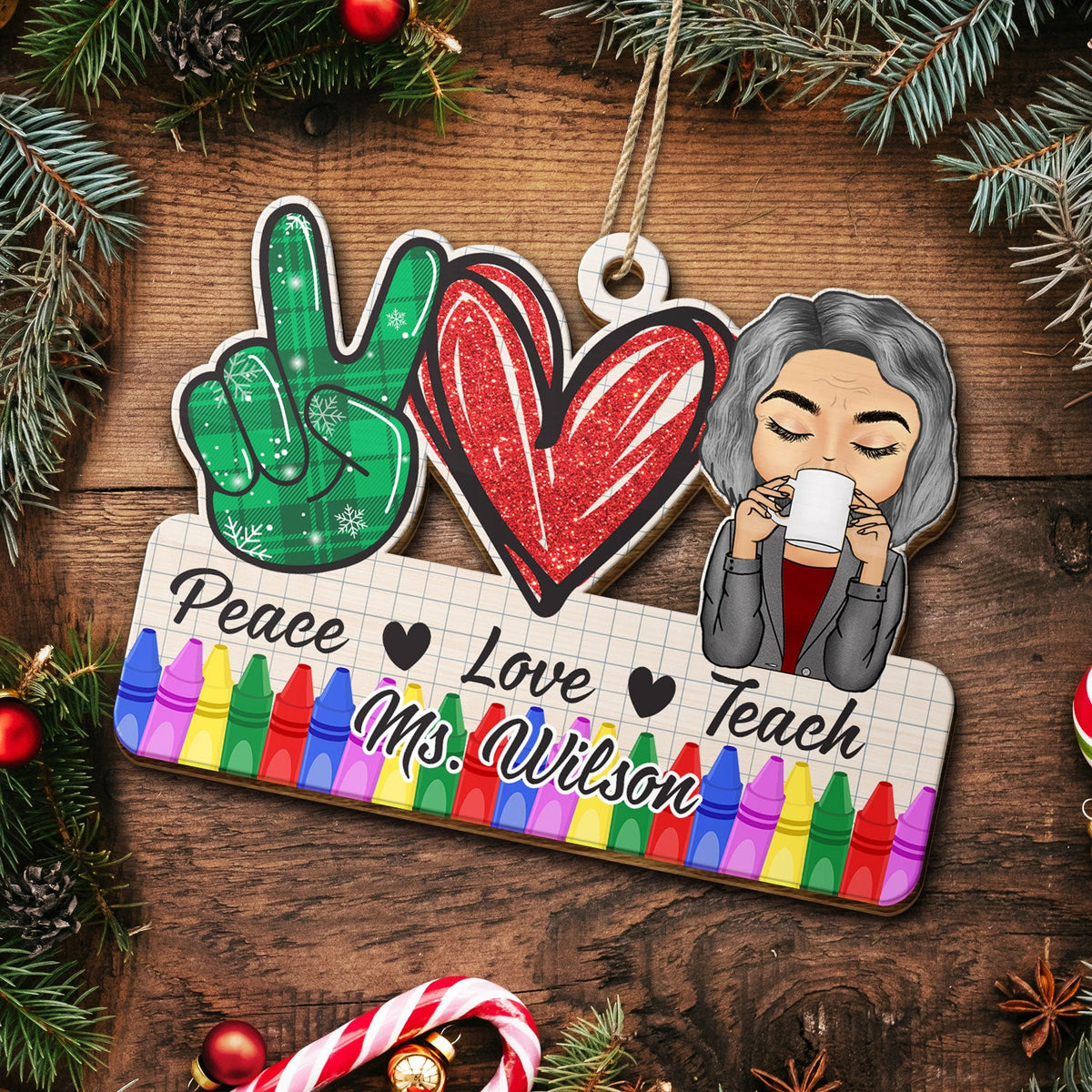Peace Love Teach - Christmas Gift For Teacher - Personalized Wooden Cutout Ornament
