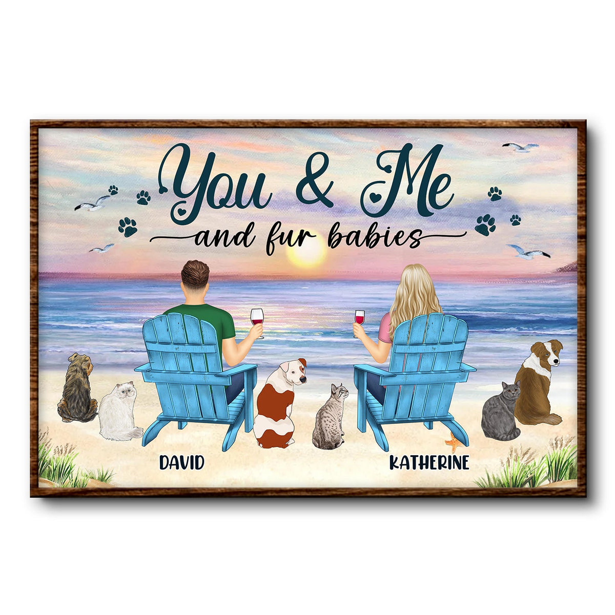 Toi, moi et les chiens : vue sur la plage – Cadeau pour les amoureux des animaux – Affiche personnalisée