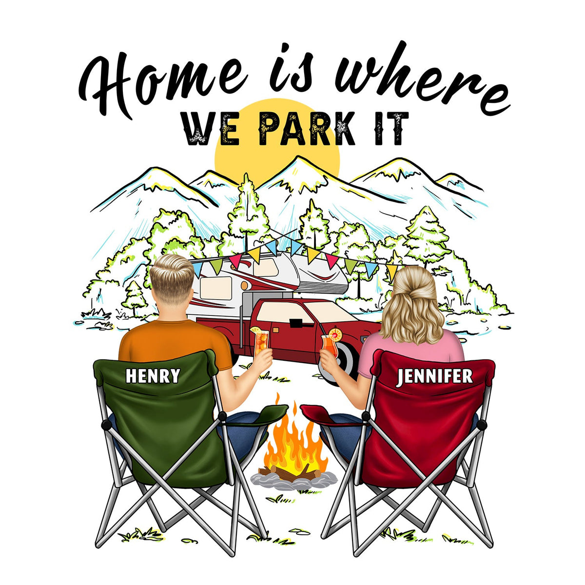 Personalized Camping Wooden Sign - Couple With Up to 2 Children & 3 Pets -  Camping Lovers Gift Idea - Husband & Wife Camping Partners For Life