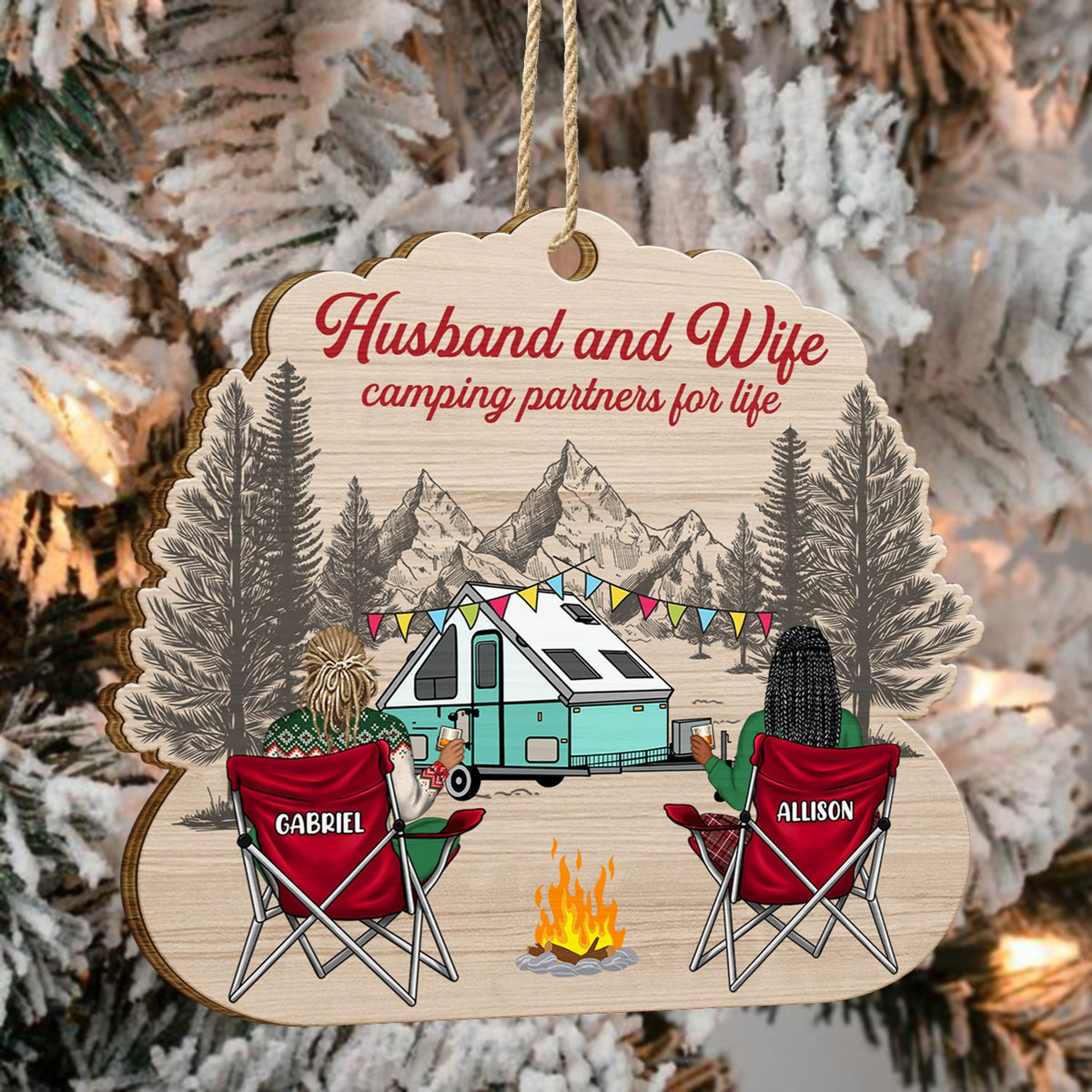 Joyeux campeurs - Cadeau de Noël pour les amateurs de camping - Décoration en bois personnalisée