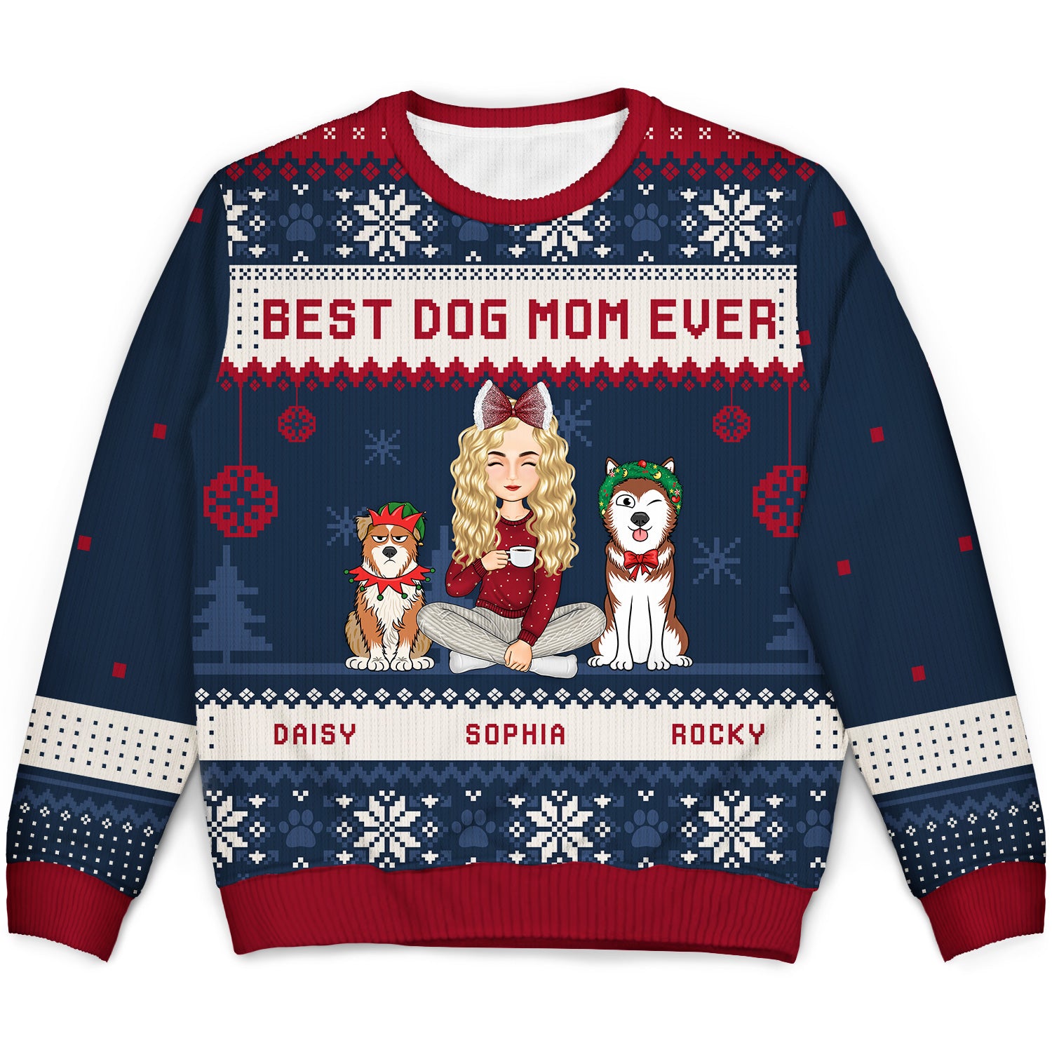 Best Dog Mom Ever Cartoon Style - Christmas Gift For Dog Lovers - Personalized Unisex Ugly Sweater