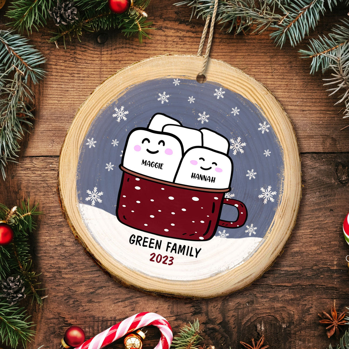 Marshmallow Hot Cocoa Cup - Christmas Gift For Family - Personalized Wood Slice Ornament