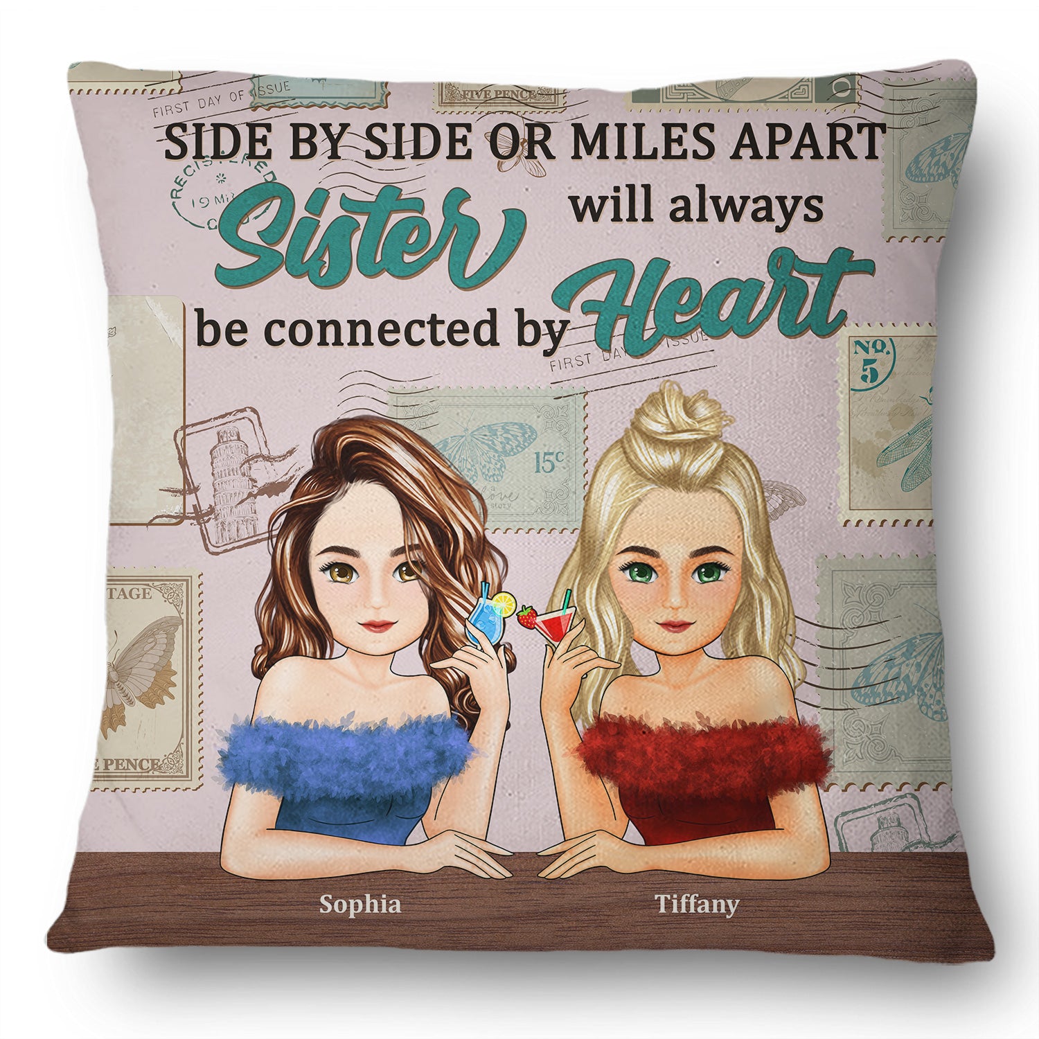 Side By Side Or Mile Apart - Gift For Sisters - Personalized Pillow