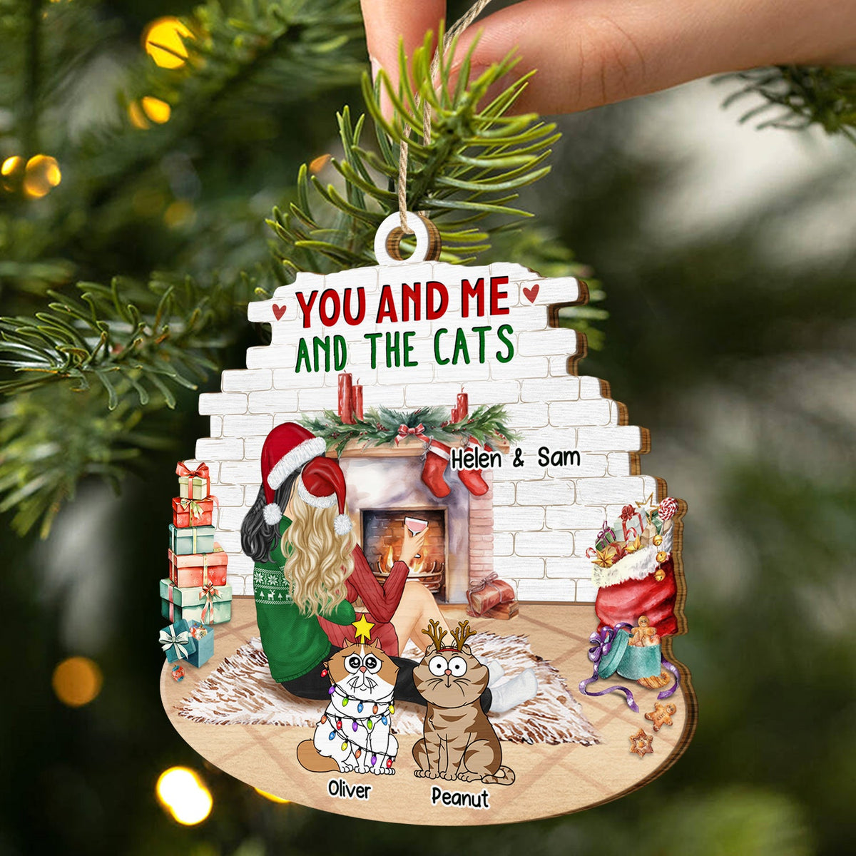 You And Me And The Cats - Christmas Gift For Cat Lovers - Personalized Custom Shaped Wooden Ornament