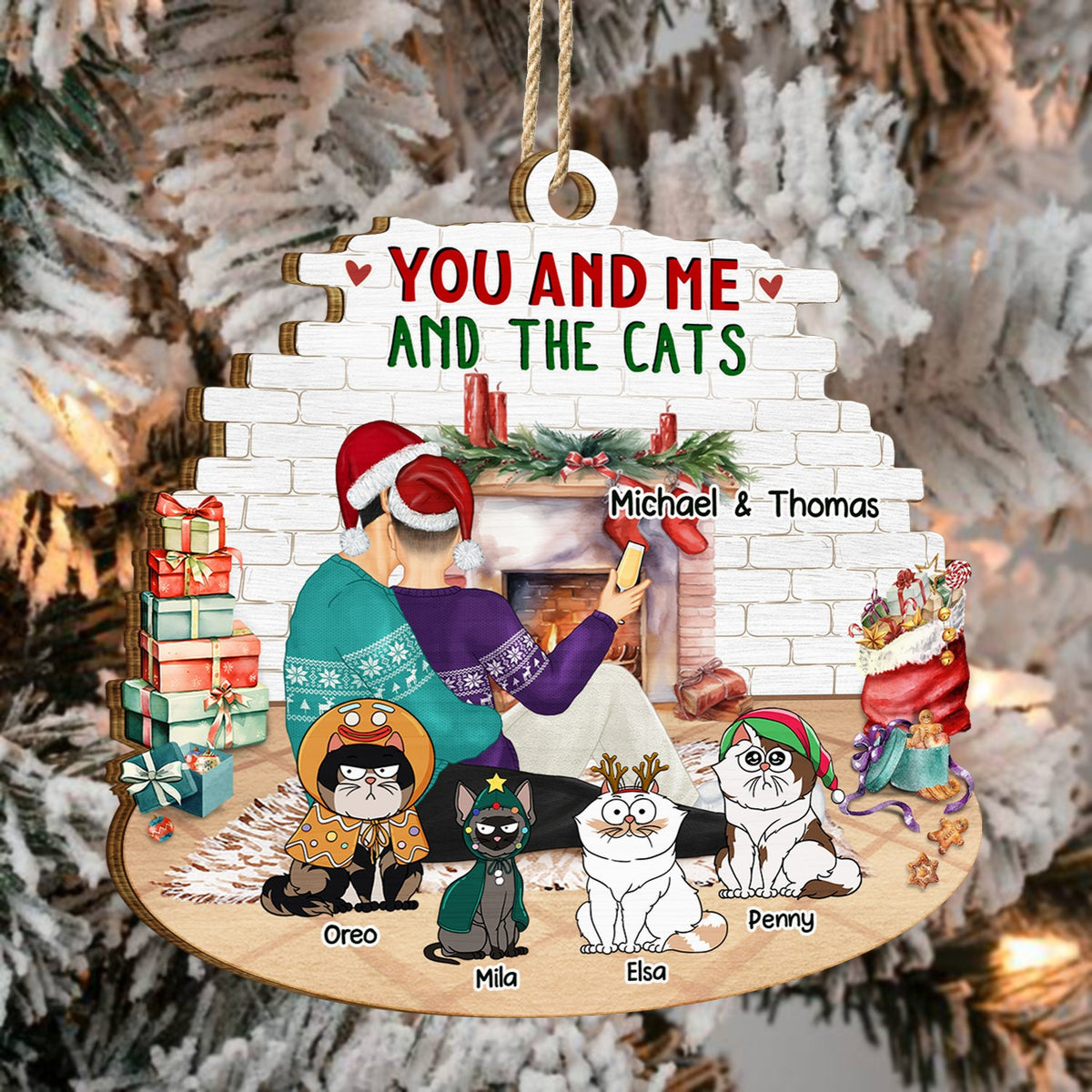 You And Me And The Cats - Christmas Gift For Cat Lovers - Personalized Custom Shaped Wooden Ornament