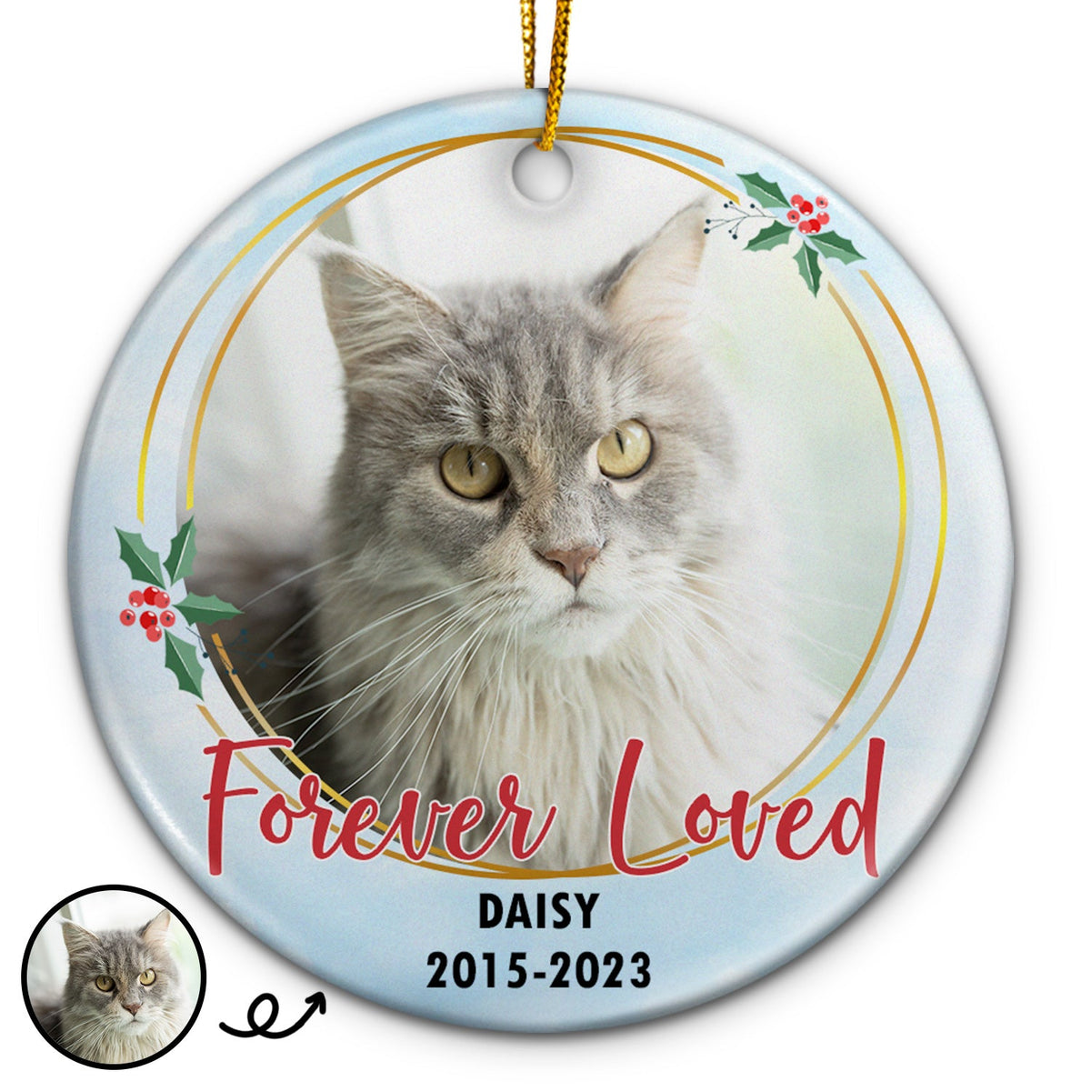Custom Photo Forever Loved - Christmas Memorial Gift - Personalized Circle Ceramic Ornament